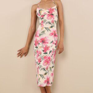 Lulus Harleigh Light Yellow Floral Column Halter Midi Dress - Size L